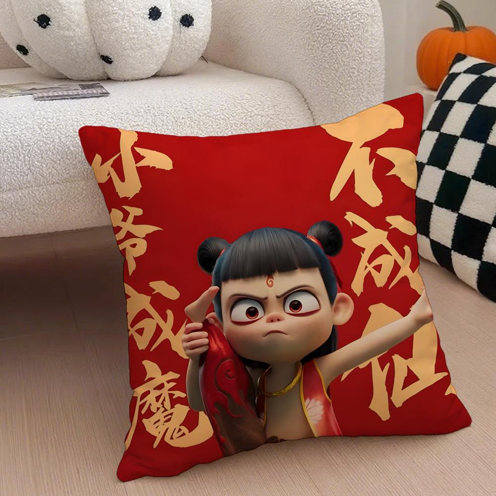 Chinese Style NNe Zha  Cushion Cover Throw Pillow Cover Hidden Button Durable Polyester Chair Cushion