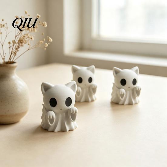 Desktop Miniature Statue Halloween Ghost Cat Statue, 3D Printed Ornament, White Gothic Home Accessory Cute Figurine for Office Desk Decoration