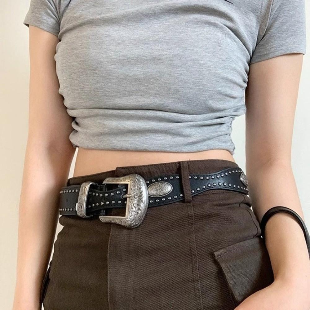 Y2K Black Belt Waist Seal American Style Leather Wide Belt New Rivet Belt Gifts