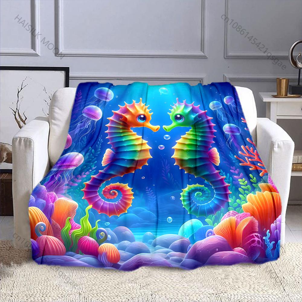 Multi size Colorful Seahorses and Jellyfish Pattern Blanket Flannel Material Soft Warm for All Seasons Home Camping Picnics RV