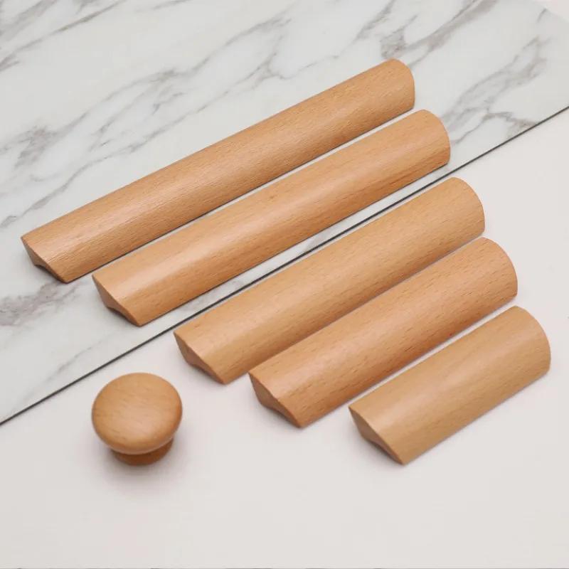 Natural Wood Furniture Handles Kitchen Door Knobs Cabinets Pulls Beech Wooden Handles for Cabinet and Drawers Furniture Hardware
