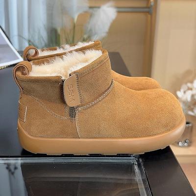 Кожаные короткие ботинки зимние сапоги женские новые зимние утолщенные на толстой подошве нескользящие термохлопковые ботинки