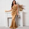 Solid Color Satin Backless Evening Fishtail Dress with High Waist
