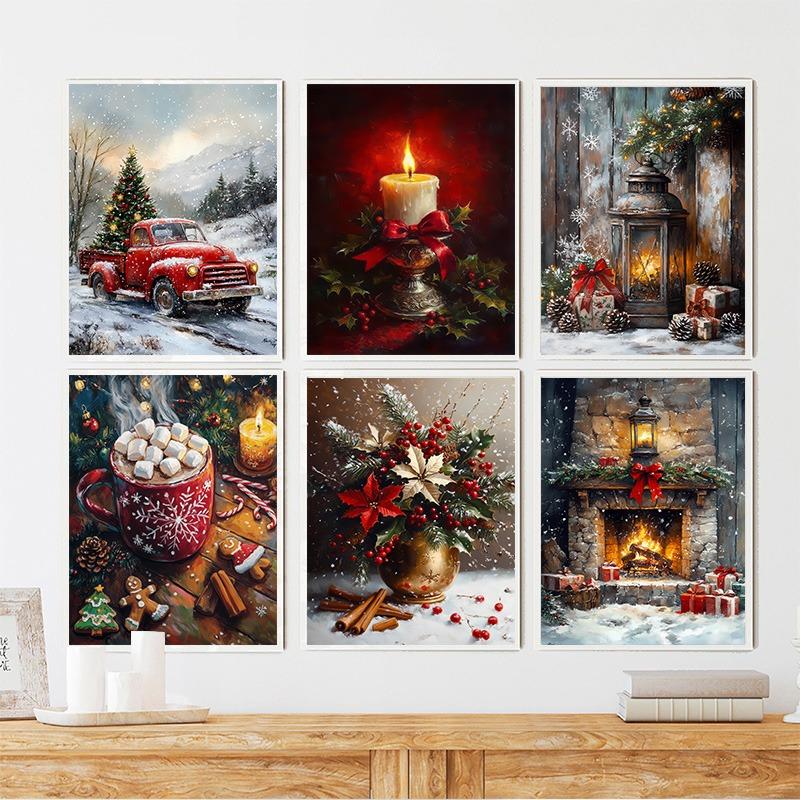 Vintage Red Christmas Tree Truck Candle Decorative Posters Merry Christmas Canvas Painting Living Room Wall Art Holiday Decor