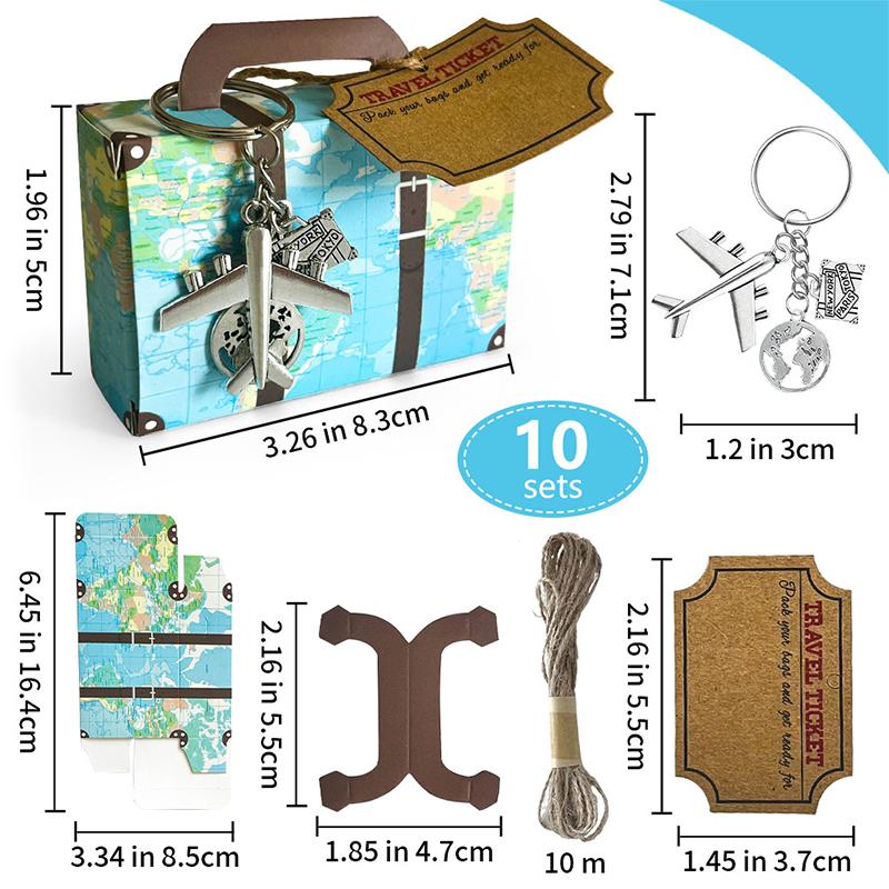 10 наборов мини-чемоданов, подарочных коробок, конфет, подарочных коробок для вечеринки с брелками в виде самолета и дорожных билетов для свадебной вечеринки