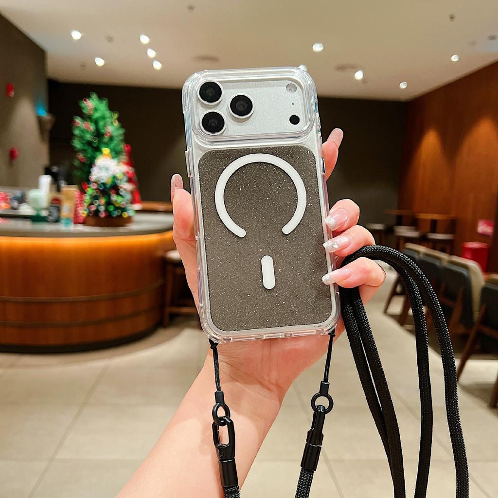 Чехол для iPhone 17 Pro, совместимый с MagSafe, прозрачный, с блестками, из ТПУ и акрила, с ремешком на плечо