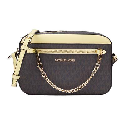MK Jet Set Сумка на плечо женская с монограммным логотипом, цепочкой, из ПВХ и кожи, цвет Желтый желудево-коричневый 35S1GTTC9B-BUTTE