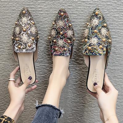 Весна и лето новые сексуальные принты горячие бриллианты заклепки жемчуг остроносые сумка-голова шлепанцы на одной подошве