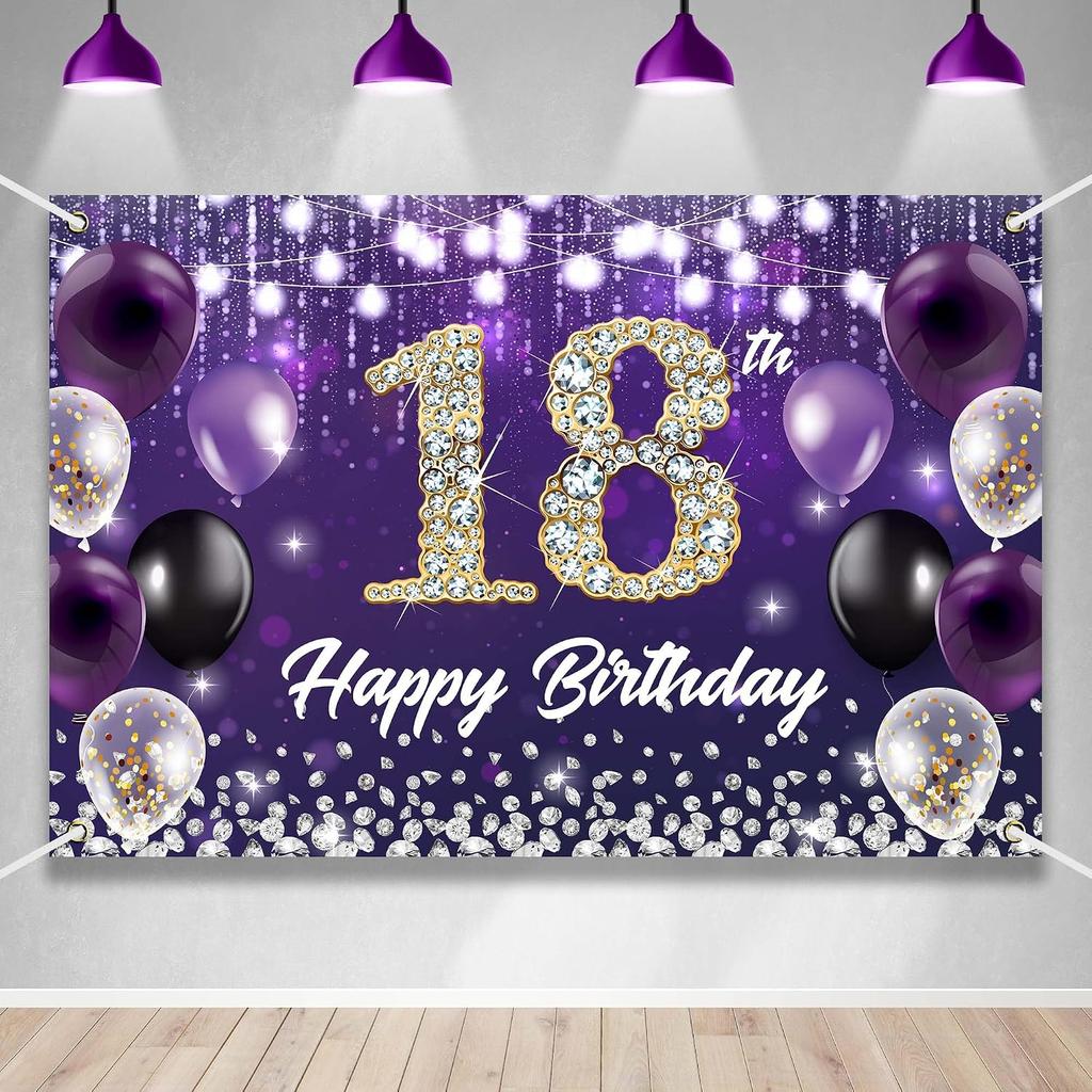 Happy 18th Birthday Backdrop Banner Purple Theme Background with Shiny Diamond Noble Elegant Birthday Party Photo Photog