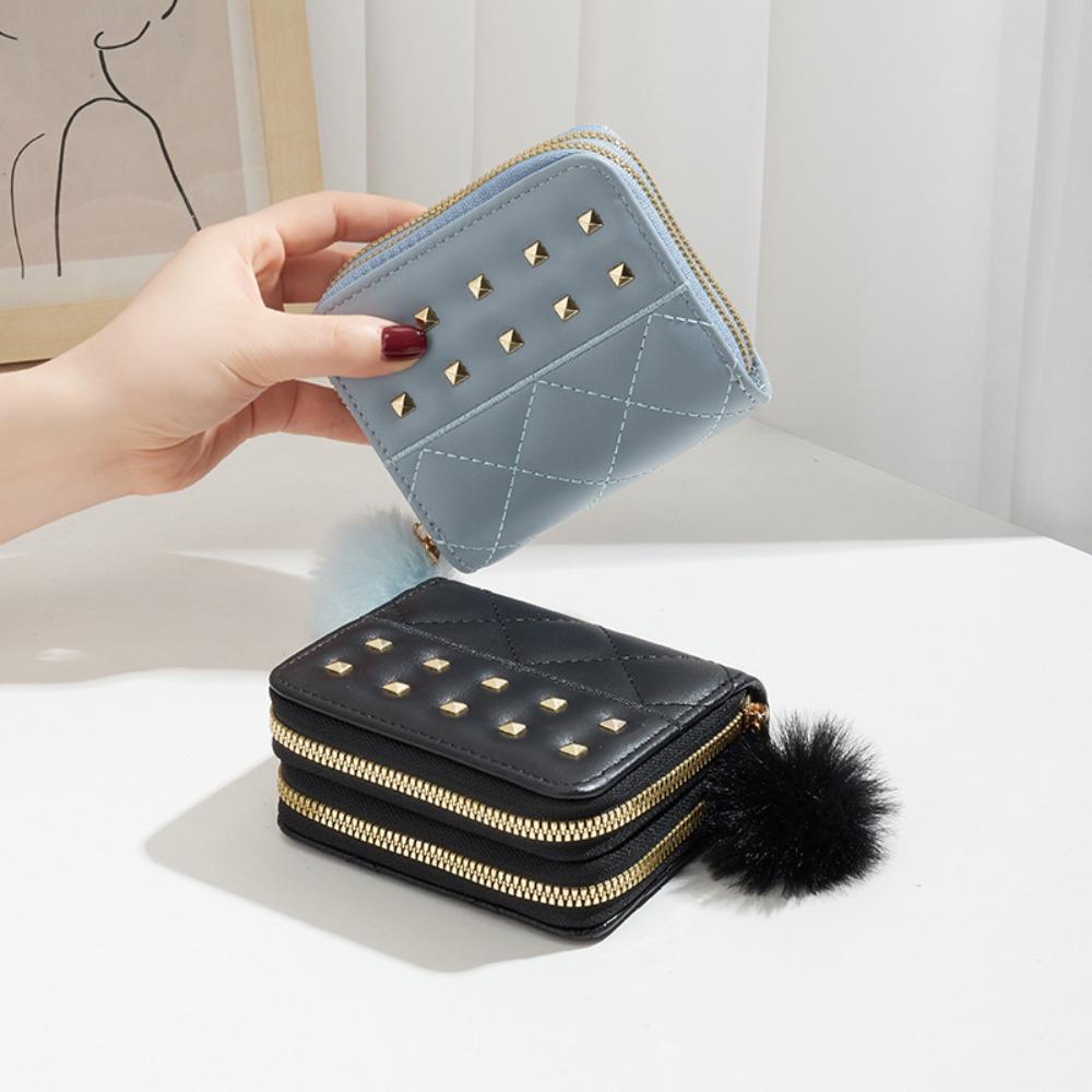 Soft Plush Ball Woman Clutch Wallet Rivets Square Card Bag Causal Women Long Purse Outdoor