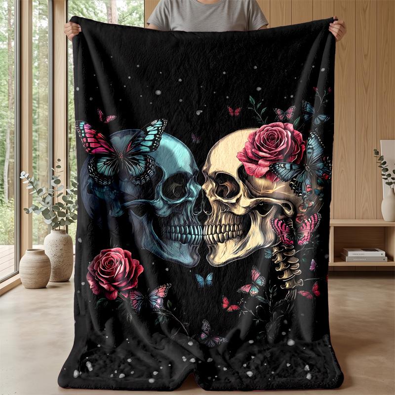 Skulls, Roses, and Butterflies Theme blanket Lightweight Warm Flannel Blanket Decorative Throw Blanket for Home Decoration