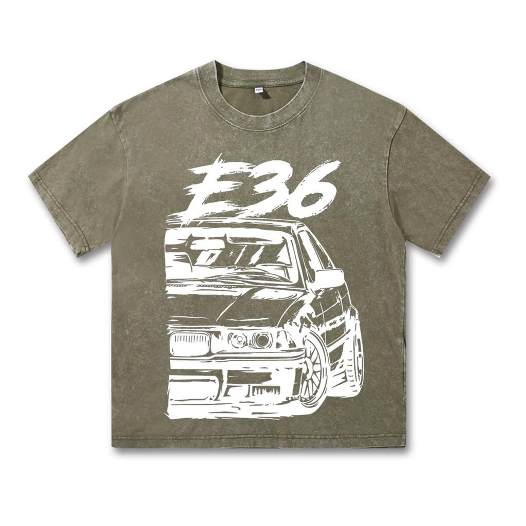 Ретро стираная винтажная футболка Высококачественные футболки E36 Футболка Летняя свободная одежда с коротким рукавом Хлопковые свободные уличные топы