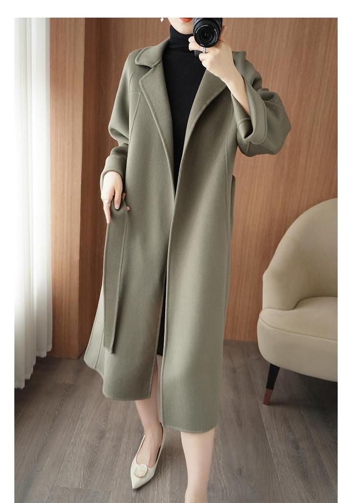 Women's Mid-Length Wool Coat with Side Slits, Lapel Collar, Belt, and Loose Plus Size Fit