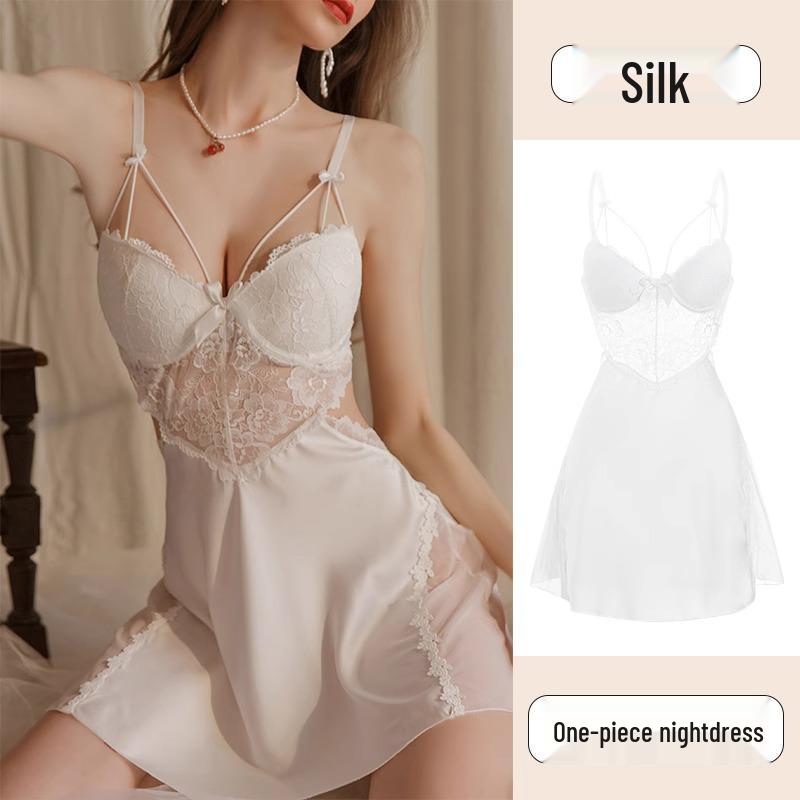 Exquisite Ice Silk Lace Nightgown - Enhances Bust with Pads, Elegant Spaghetti Straps, Perfect for Date Nights