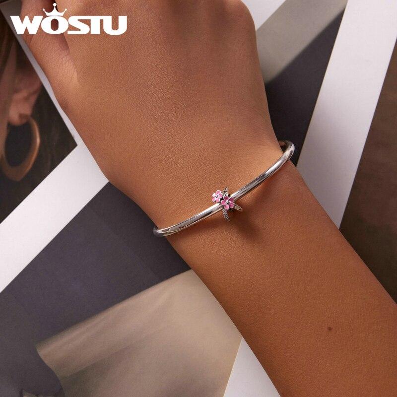 WOSTU Стерлингового серебра 925 пробы, розовый цветок, разделитель, бабочка, подвеска из бисера, подходит для оригинального браслета, ожерелья для женщин, ювелирные изделия