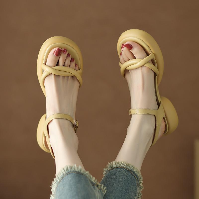 Минималистский стиль, толстая подошва, толстый каблук, летние пляжные сандалии, женские, новые, средний каблук, открытый носок, Luo