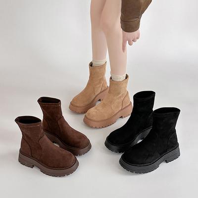 Модные универсальные ботильоны на толстой подошве с круглым носком, детские новые модели осень-зима 2025 года, однотонные замшевые ботинки-мартины на высокой подошве, стройнящие