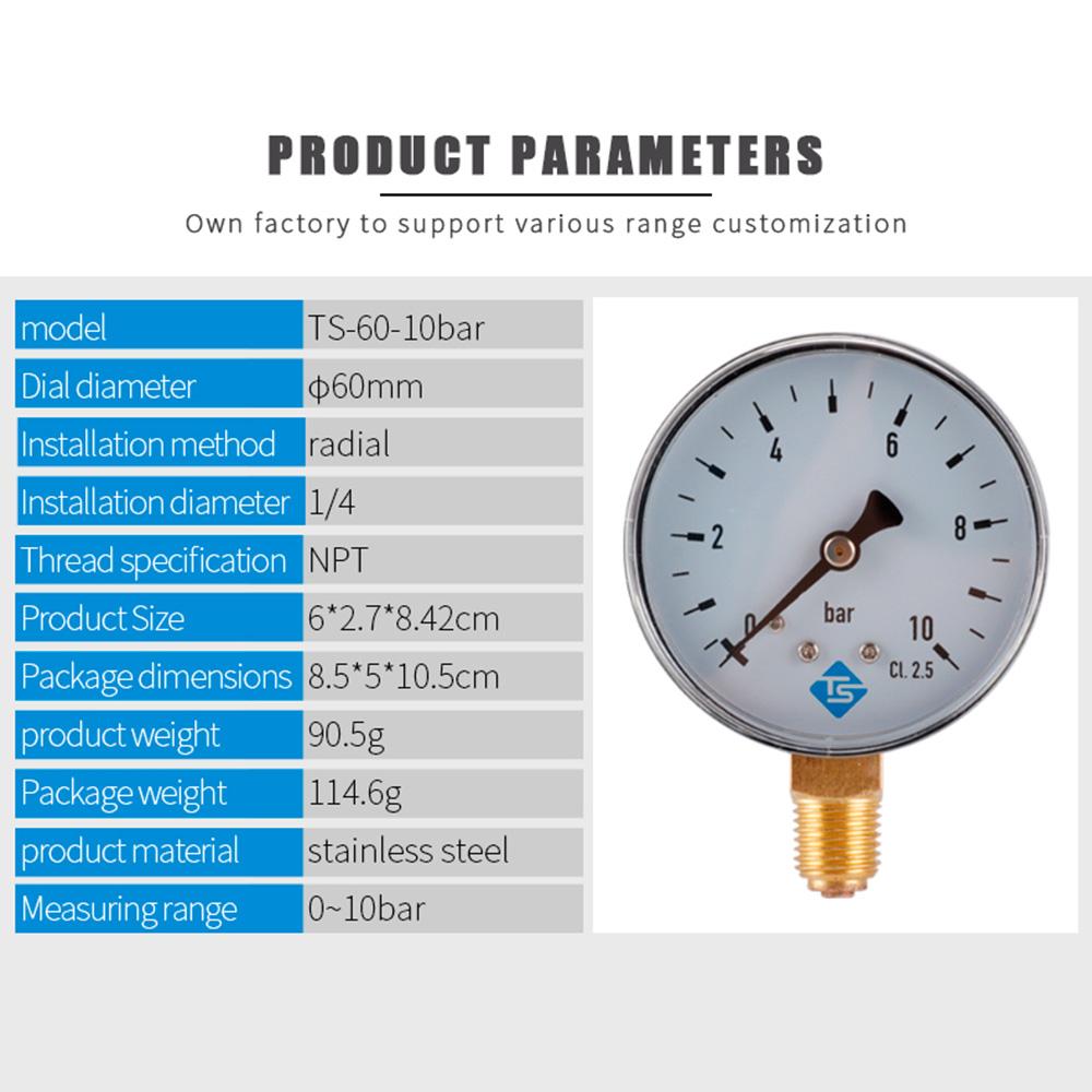 TS-60-10bar 60mm Dial Pressure Gauge 0-10 Bar Water/Gas/Air Pressure Measurement Tool with 1/4 NPT Bottom Mount
