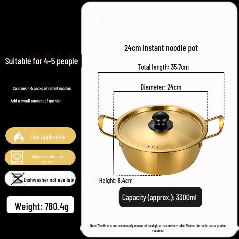 Золотистая корейская кастрюля для рамэна из нержавеющей стали с крышкой — двойные ушки, утолщенная, идеально подходит для лапши, супа или небольших горячих блюд.
