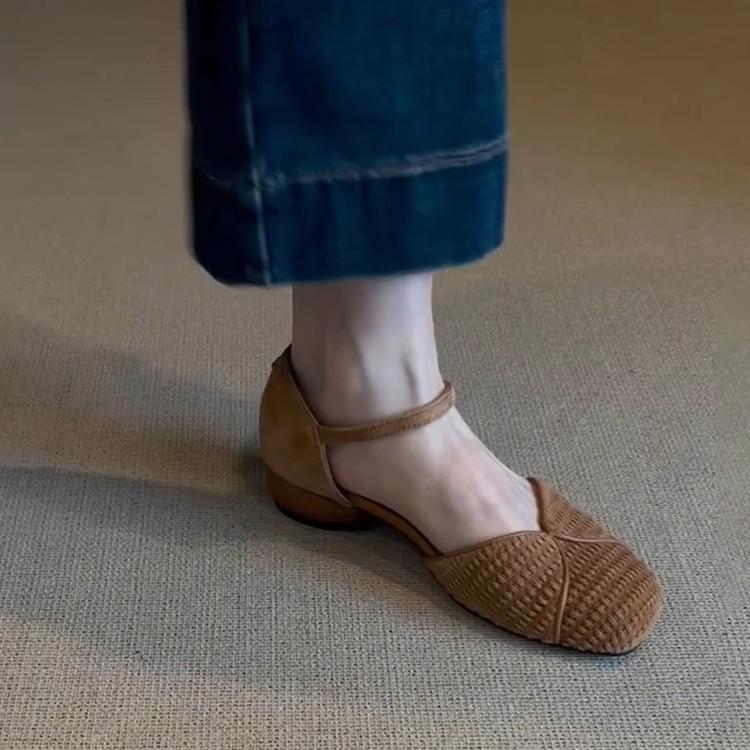 Версия из овчины~ ретро милая сумка голова обувь женская летняя низкий каблук кожа круглая голова богемный стиль слово с сандалиями