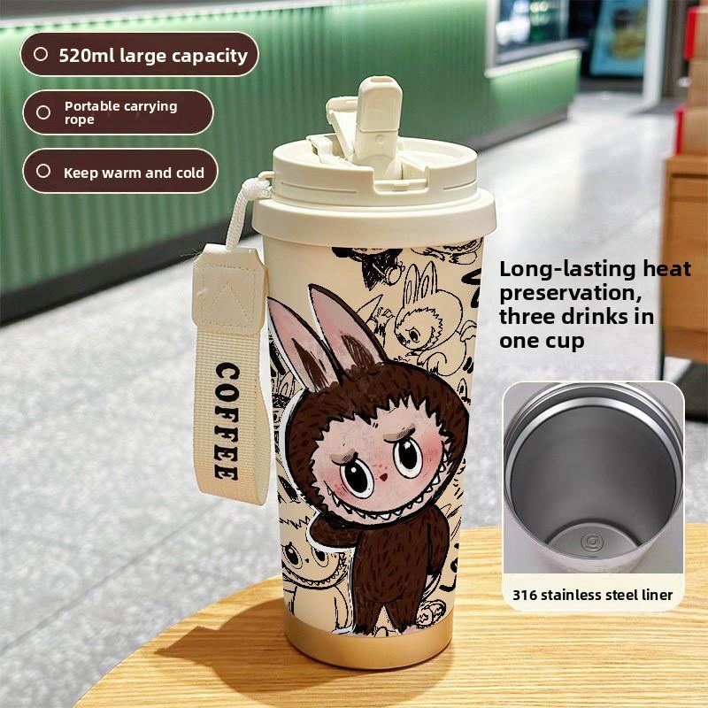 Large Capacity 316 Stainless Steel High Value Double Drink Thermos Cup Seven Labubu Cloth Straw Car Coffee Cup