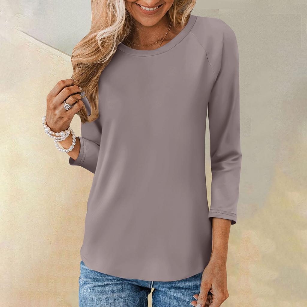 Рубашка для женщин, модная повседневная свободная однотонная футболка с рукавами реглан и круглым вырезом, рукав 3/4, женский топ