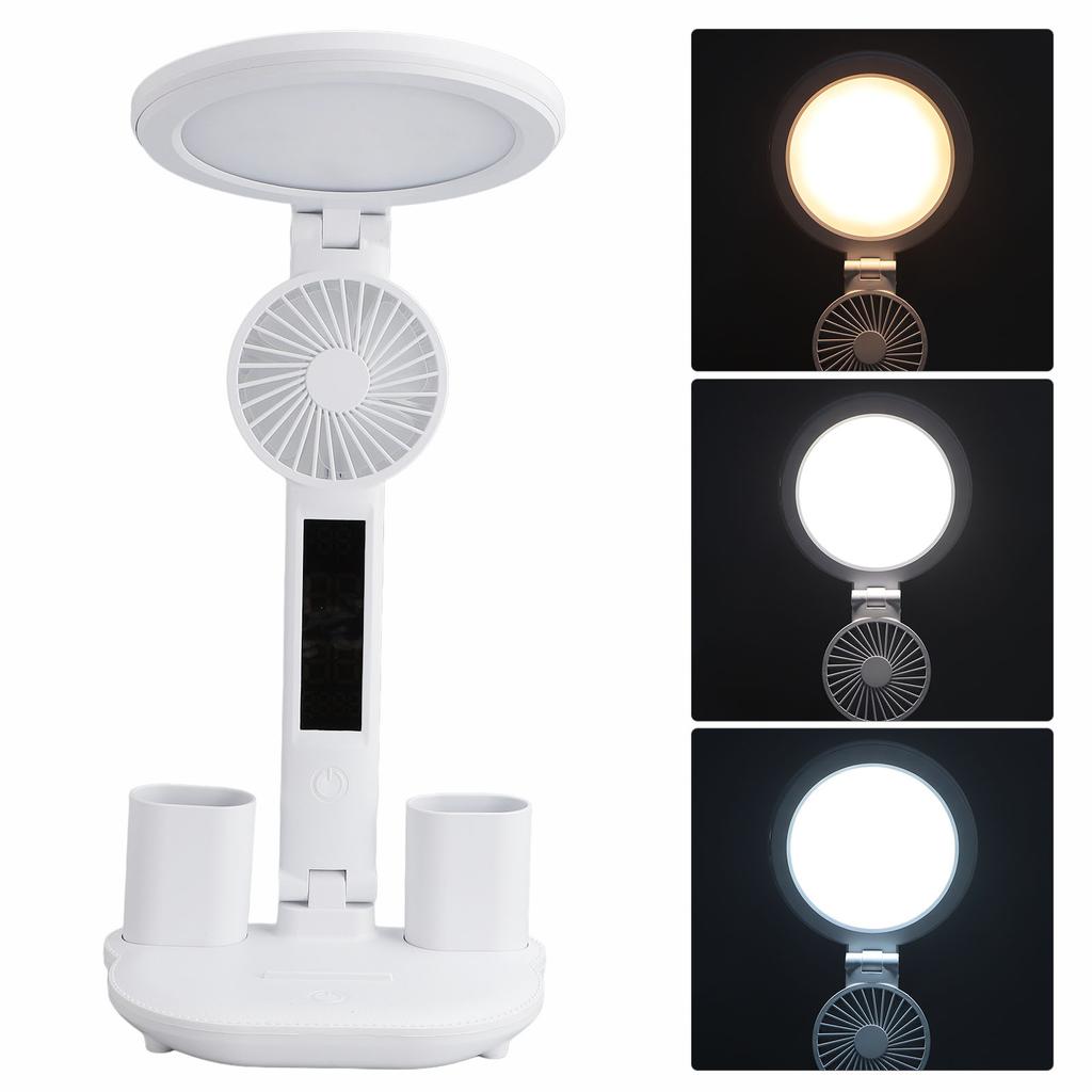 Светодиодная настольная лампа с вентилятором, держателями для ручек, складная, плавная регулировка яркости, USB-порт, часы, дата, температура, светодиодный дисплей