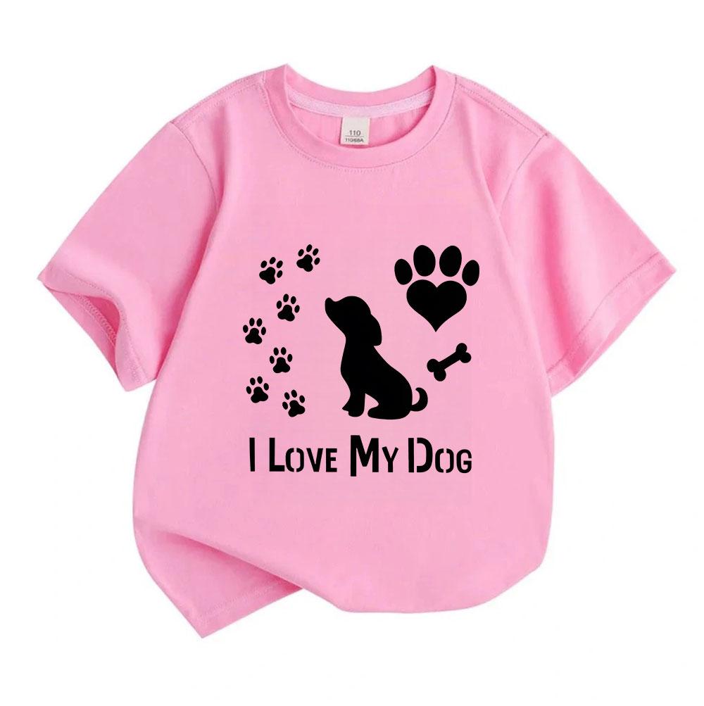 Kids Boys Girls 100% Cotton Crew Neck Short Sleeve T-Shirt, I Love My Dog Paw Print Heart Bone Pattern Casual Soft Tee for Children Daily Wear Puppy L