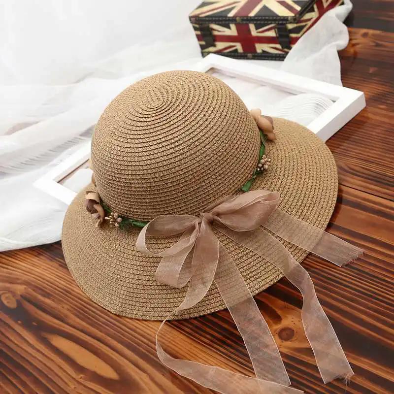 WTEMPO Women's Solid Color Beach Summer Sunscreen Hats Elegant Mesh Bow Foldable Beach Flower Wreath Sun Hats