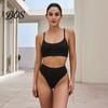 Belly Control Swimwear 2Pcs/Set Summer Ribbed Bikini Set High-Waisted Controlling Bottoms U-Shaped High Rise Back Halter Neck Bra Quick-Drying Elastic