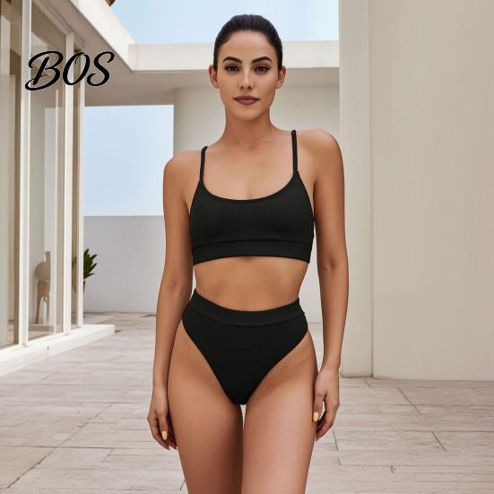 Belly Control Swimwear 2Pcs/Set Summer Ribbed Bikini Set High-Waisted Controlling Bottoms U-Shaped High Rise Back Halter Neck Bra Quick-Drying Elastic