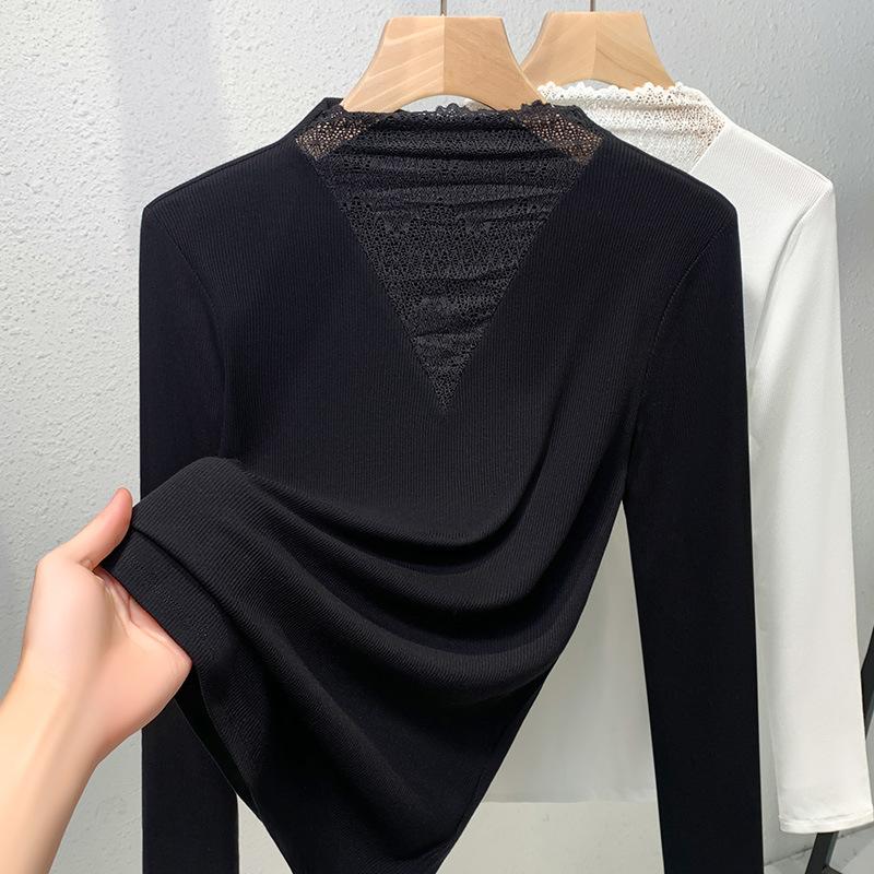 Black Half Turtleneck Lace Base Shirt New Autumn Inner Long-sleeved T-shirt Women's V-neck Top