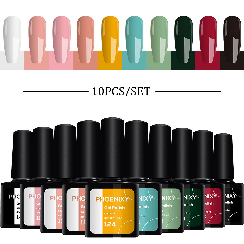 Гель-лак для ногтей PHOENIXY, 10 цветов, замачиваемый УФ-гель для ногтей, стартовый набор для дизайна ногтей, набор блестящих лаков для DIY, дома, гель для маникюра