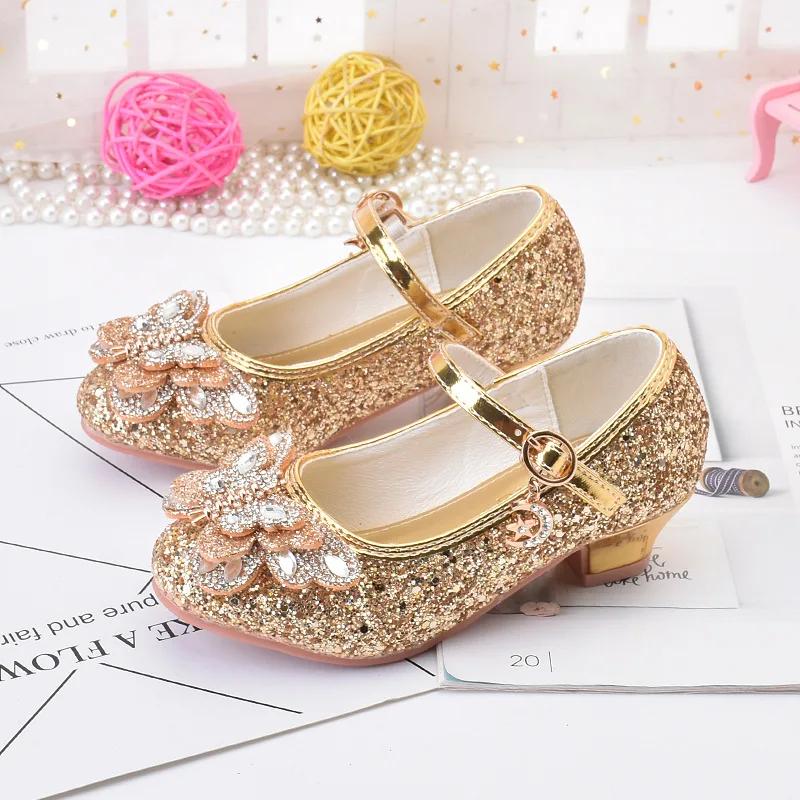Модные детские туфли принцессы с блестками и стразами для девочек на высоком каблуке, кожаные туфли для вечеринки, свадьбы, детские универсальные одинарные туфли