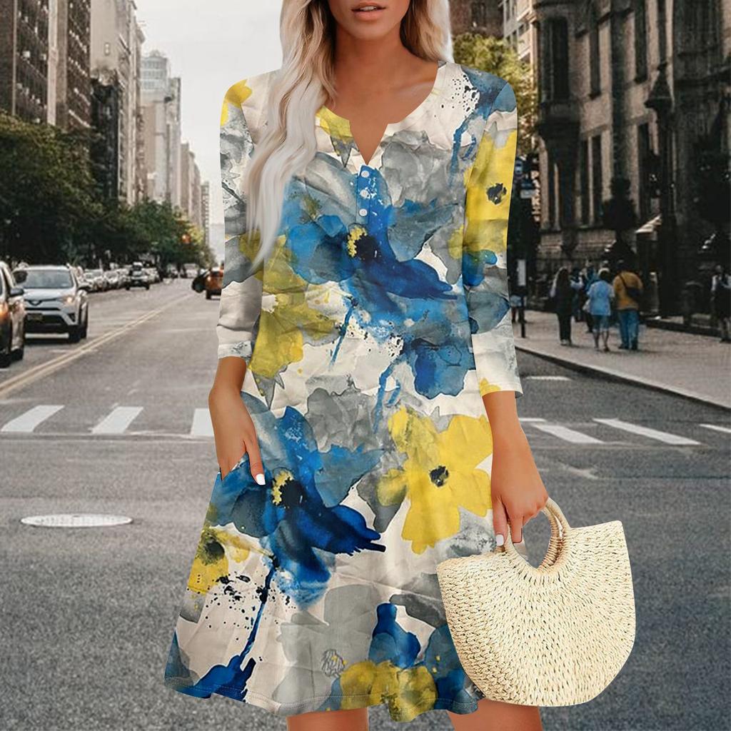 Women's Summer Dress Loose V Neck Three-quarter Sleeve Sundress With Pockets Dress