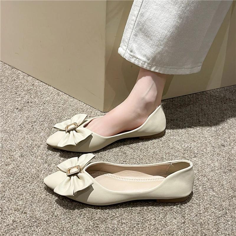 Модные женские балетки с острым носком, милые женские туфли из искусственной кожи, удобные одинарные туфли с бантом, женские осенние однотонные