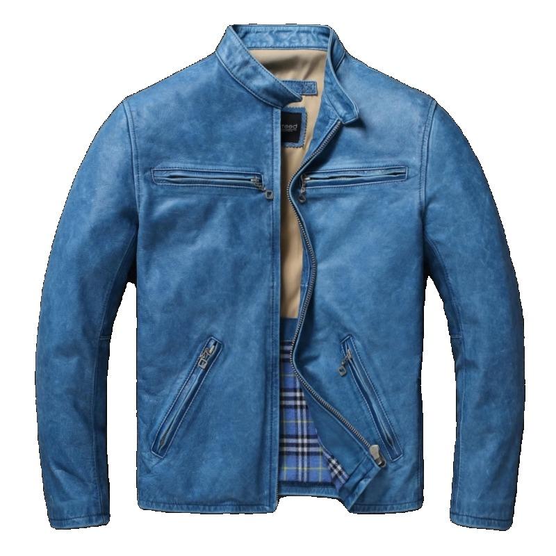 Китайский размер винтажная синяя натуральная воловья кожаная мужская куртка тонкая короткая кожаная куртка для мальчика мужская одежда весна осень