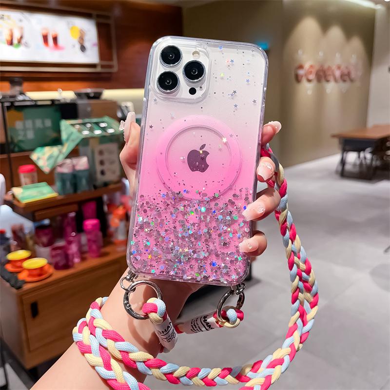 Градиентный силиконовый чехол с магнитной защитой от падений для iPhone 14 Pro Max/13/12/11/8P, в комплекте косая цепочка для подвешивания