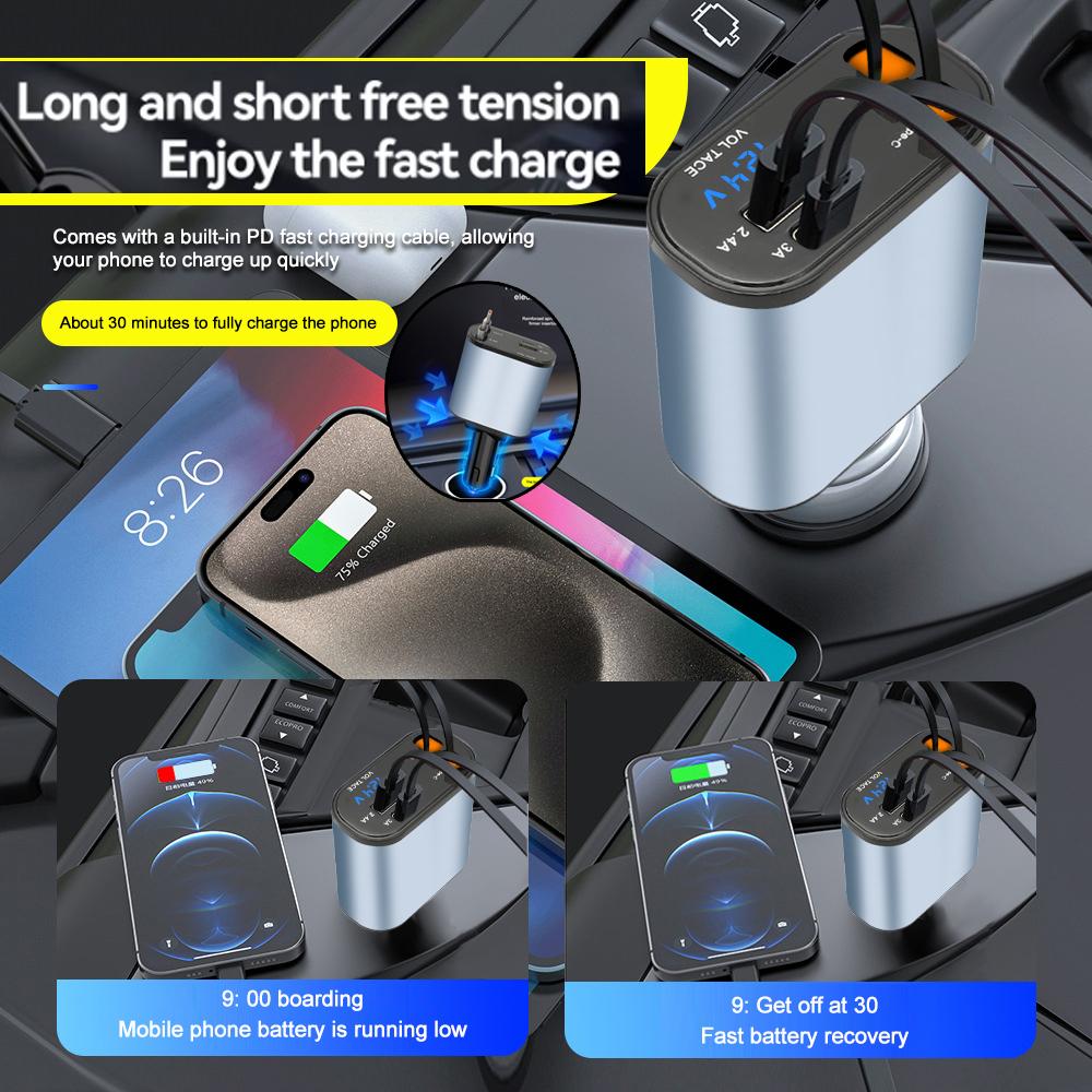 Выдвижное автомобильное зарядное устройство 4 в 1, быстрое зарядное автомобильное зарядное устройство, 120 Вт, выдвижной кабель и 2 порта USB, совместимый с автомобильным зарядным устройством