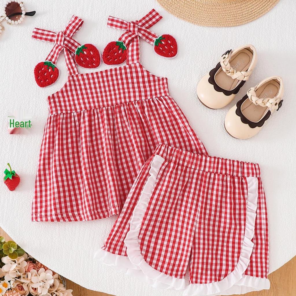Red Plaid Strawberry Suspender Vest & Ruffle Shorts Set for Baby & Toddler Girls
