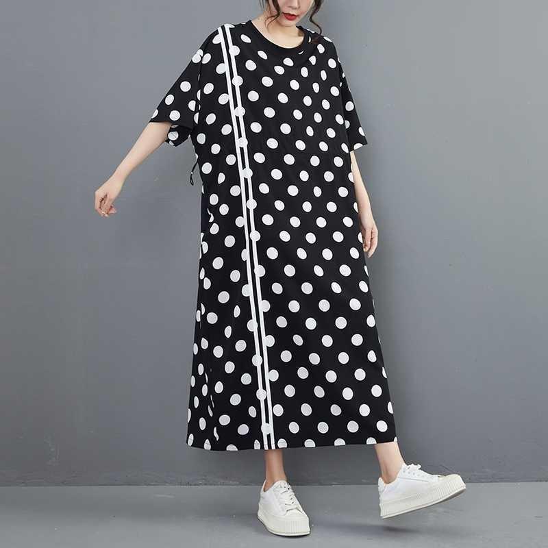 Реальное фото в наличии, Новая весенне-летняя корейская версия модного платья в горошек с акцентом на талии и свободного кроя.