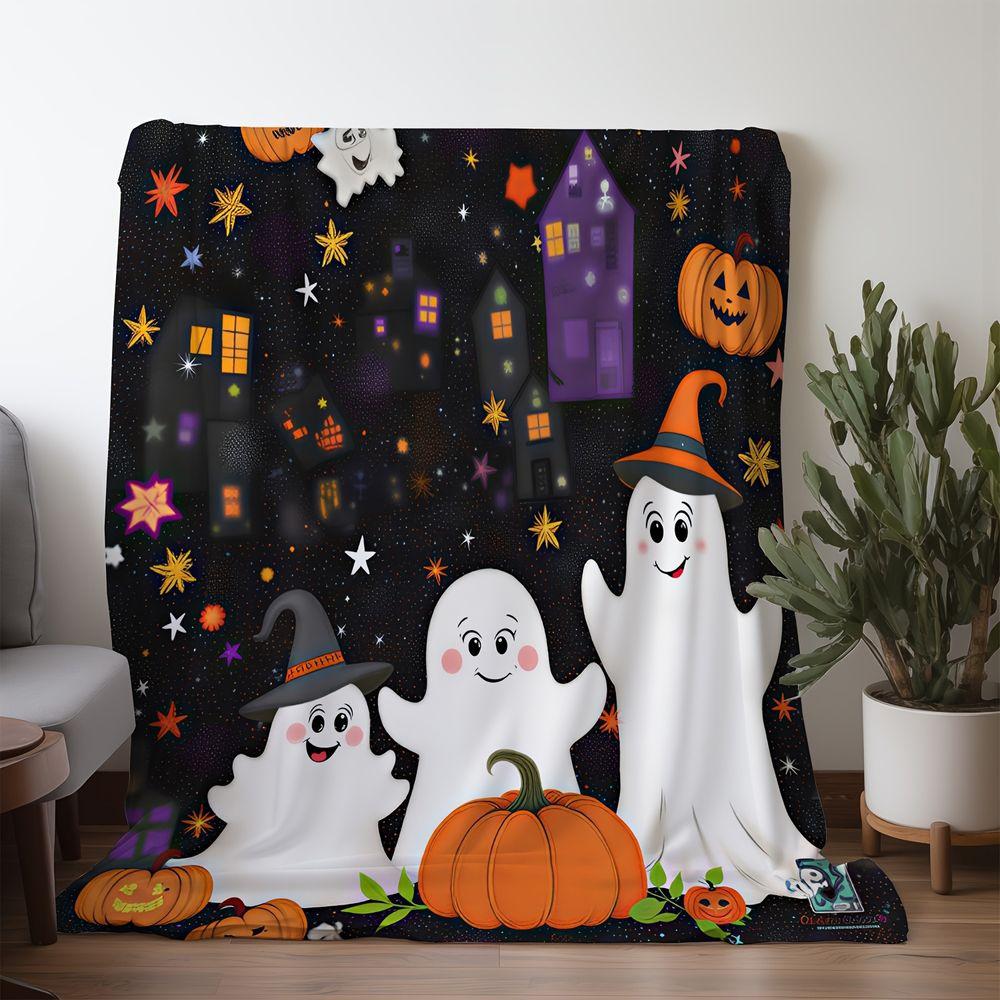 Cute Ghost Pumpkin Halloween Pattern Flannel Throw Blanket Soft Warm Bed Sofa Cover,Cozy Decorative Plush Bedspread for Home Holiday Party Gift