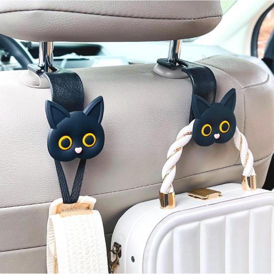 Car Seat Headrest Hooks - Cute Cartoon Cat Hook Vehicle Hanger For Purses, Bags, Coats, Umbrellas Holder (2Pc Black)