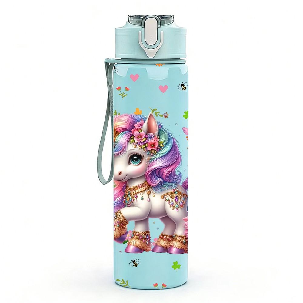 1PC Floral Rainbow Unicorn Pattern 750ml Color Plastic Sports Water Bottle Leakproof Flip Straw Lid Suitable for Sports Office Home Use