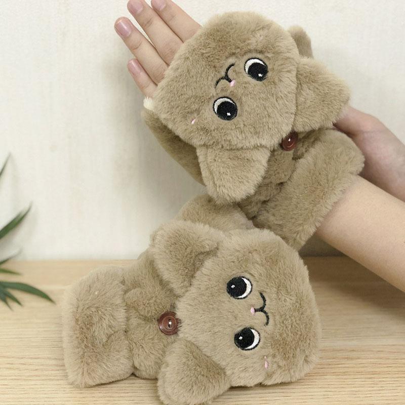 Женские плюшевые теплые перчатки с мехом милого кролика-кошки, варежки без пальцев, гибкие варежки с половиной пальцев