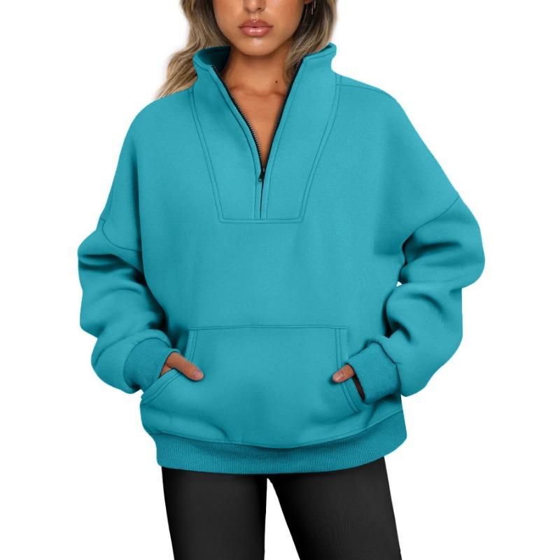 Autumn and Winter Standing Collar Solid Plus Size Sweatshirt Pocket Zip Women's Casual Loose Fleece Threaded Top