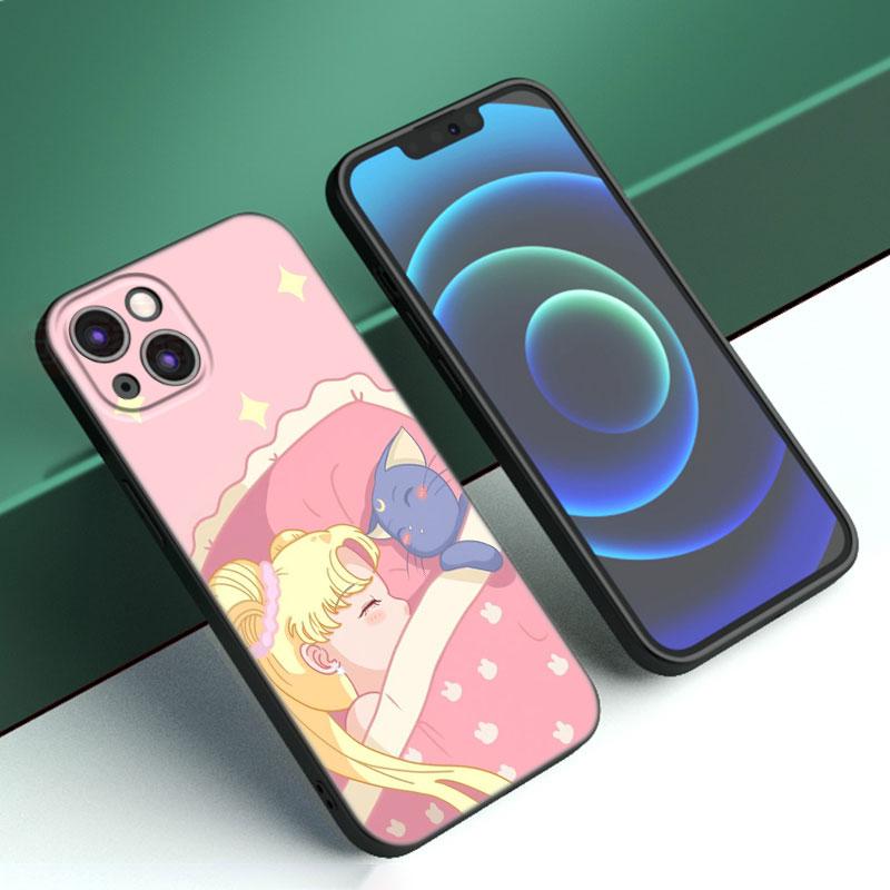 Anime Sailor Moon Phone Case For Apple iPhone 12 13 Mini 11 14 15 Pro Max 7 8 Plus X XR XS SE 2020 2022 Black Silicone Case