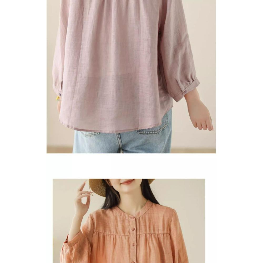 Artistic Retro Spring and Summer New Versatile Loose Slimming Cotton and Linen Cardigan Top Seven Quarter Sleeved Shirt Women's Clothing