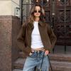 VAYLA Fashion Brown Zipper Jacket for Women Elegant Lapel Long Sleeve Short Coats Female Vintage Lady Street Outerwear
