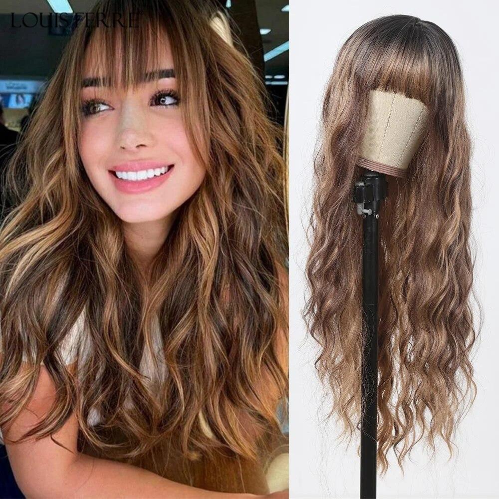 LOUIS FERRE Черные волнистые синтетические парики для женщин, натуральные длинные волосы с челкой, парик из термостойкого волокна для ежедневного использования